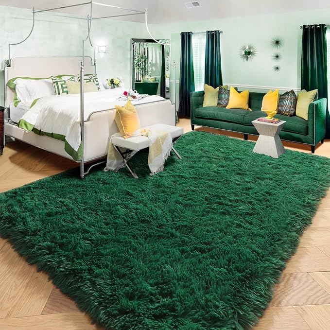 Amdrebio Dark Green Area Rugs for Living Room, 5x8, Fluffy Thick Rug for Bedroom, Soft Indoor Furry Rugs for Kids Room, Teen, Shag Modern Cool Carpet for Nursery Playroom Classroom, Emerald Green