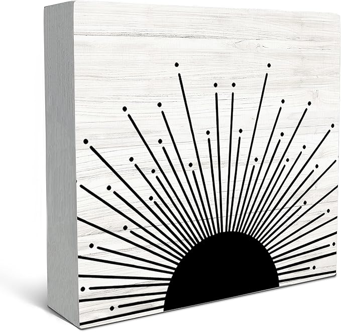 SRADMO Abstract Boho Black Sun Sunrise Sunset Sunshine Sunray Rustic Wood Box Sign Desk Decor, Boho Mid Century Modern Art Wooden Block Box Sign Decoration for Home Office Wall Shelf Table Decor