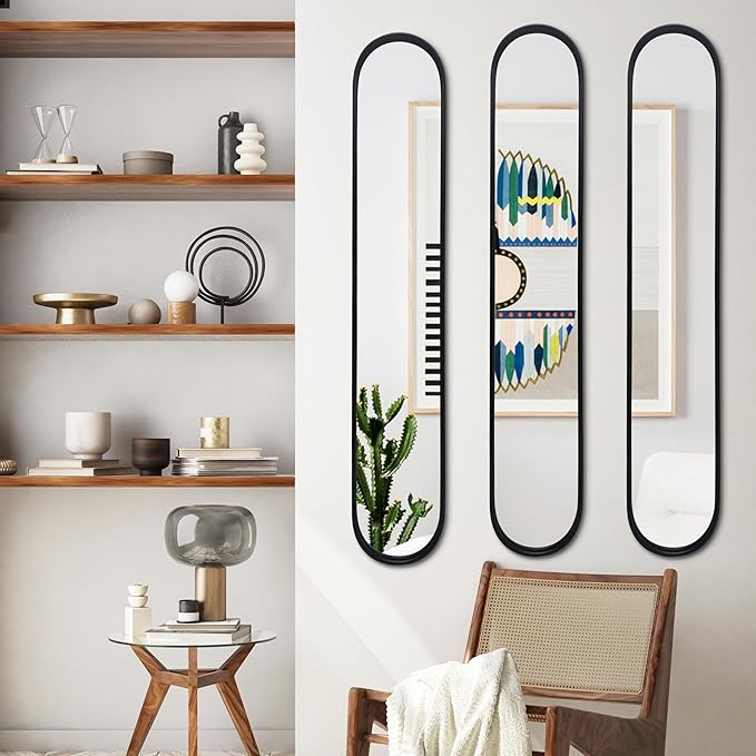 OUSHUAI Black Full Length Oval Mirror, 3-Pack Narrow Capsule Long Mirrors with Metal Frame for Dressing, Hallway, Living Room, Entryway Wall Decor