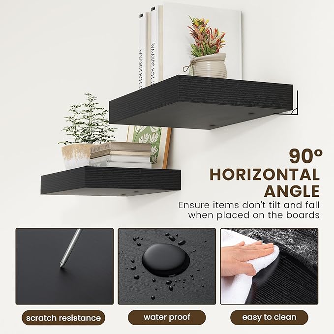FLYJOE Deep Floating Shelves | 16 Inch Black Floating Shelves Set of 2 | 12 Inch Deep Black Wall Shelves | Deep Shelves for Living Room Bathroom Kitchen Bedroom
