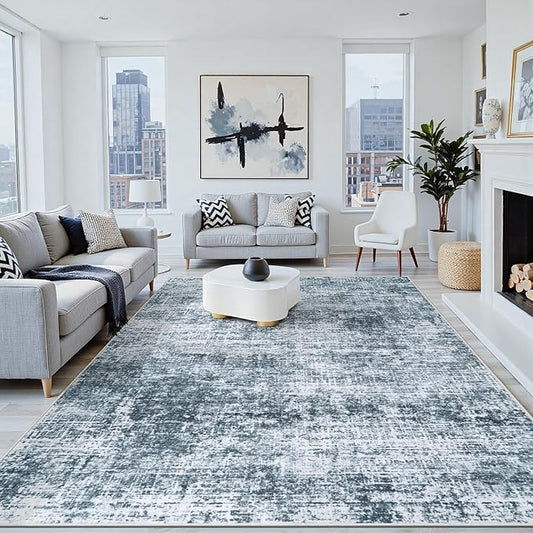 6x9 Area Rugs Washable Rug:Anti-Skid Abstract Modern Living Room Rug Soft Thin Carpets Indoor Floor Non-Shedding Carpet for Bedroom Dining Farmhouse Nursery Home Office(Light Slate Blue/White, 6x9)