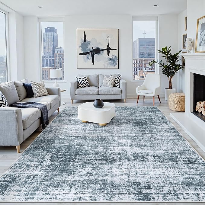 9x12 Area Rugs Washable Rug:Anti-Skid Abstract Modern Living Room Rug Soft Thin Carpets Indoor Floor Non-Shedding Carpet for Bedroom Dining Farmhouse Nursery Home Office(Light Slate Blue/White, 9x12)