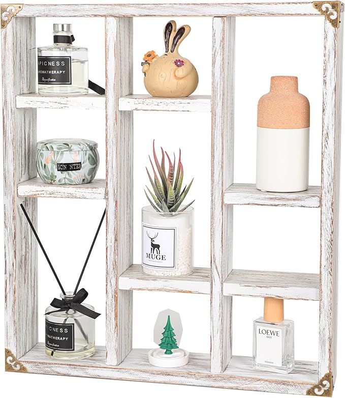 17.7x15.7-Inch Shadow Box Shelf 9-Slot Rustic Wood Floating Shelves Larger Shelf Lightweight Solid Wood Display(Set of 2,9C-Rustic White)
