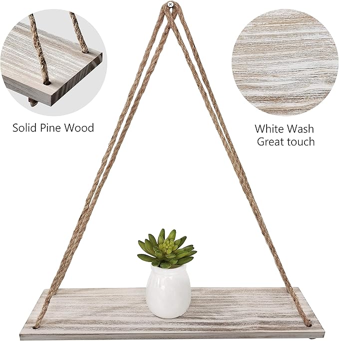 17 x 5 inch Wall Hanging Floating Shelves, Distressed Wood Farmhouse Organizer, Rustic Home Décor for Living Room Bathroom Bedroom Kitchen Apartment, Set of 3, Wash White