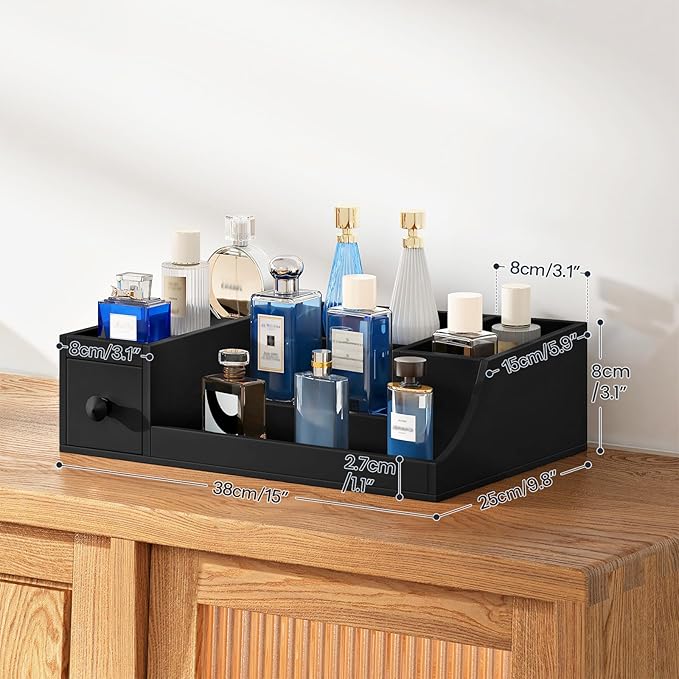 HOOBRO Cologne Organizer for Men, 3 Tier Bamboo Perfume Organizer with Velvet-Lined Drawer and Hidden Compartment, Wooden Perfume Display Holder, Ideal Gift for Boyfriend, Dad, Black BK29CJ01