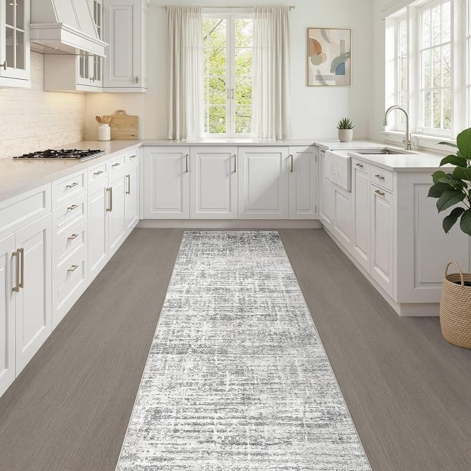 Runner Rug Non-Slip Kitchen Rug: 2x6 Washable Abstract Modern Soft Stain Resistant Indoor Floor Neutral Accent Throw Carpet for Hallway Bathroom Laundry Room Bedroom Entryway- Grey