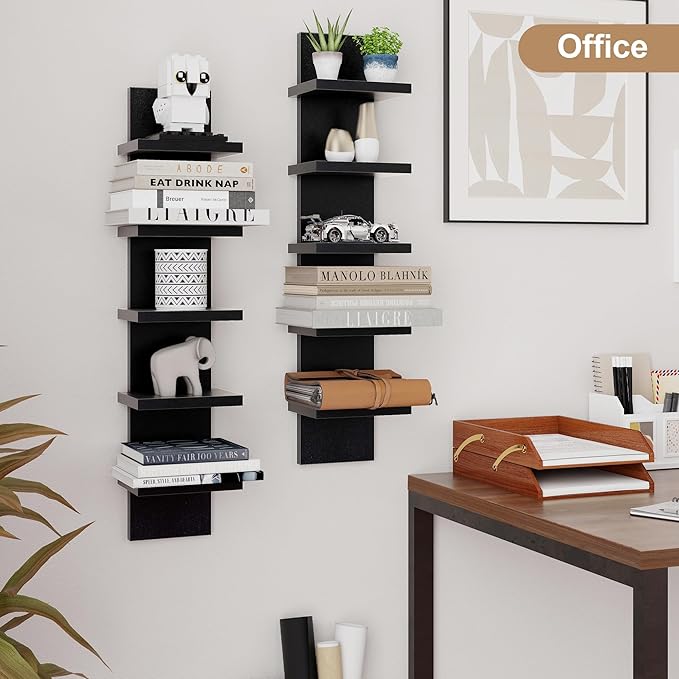 Fun Memories 5 Tier Wall Shelf Unit, Black Floating Shelves for Storage - Vertical Column Tower Design, Lack Wall Shelf Space Saving Organizer for Bedroom, Living Room, Home Decor， 2Pack