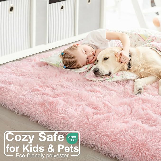 Amdrebio Pink Area Rugs 8x10 for Living Room, Large Fluffy Shag Rug for Bedroom, Kids Room Decor, Big Cute Furry Carpet for Teen Girls, Baby Nursery, Classroom, Soft Fuzzy Cozy Carpets for Playroom