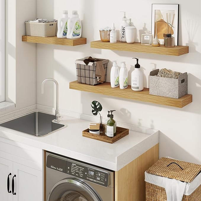 fuqing Floating Shelves for Wall, Wall Mounted Wood Floating Shelf with Invisible Brackets for Living Room, Bathroom, Bedroom, Kitchen Storage and Decor, 20 Inch Set of 2, Oak