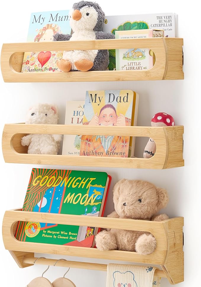 Nursery Shelves for Wall, Premium Bamboo Wood, Fully Assembled - Nursery Book Shelves, Book Shelf for Kids Rooms, Multi-Use Floating Shelves for Wall, Set of 3 (Natural, 16.5 Inches)