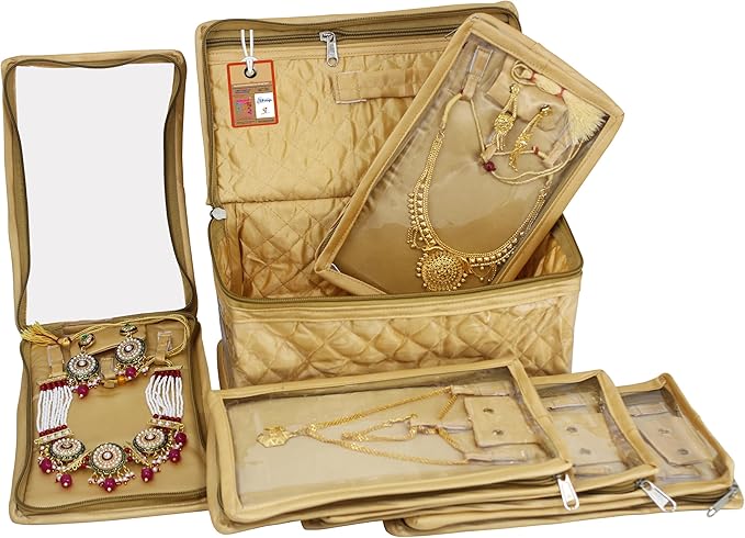 atorakushon Satin Makeup Kit Travel Jewelry Organizer Locker Box Pouches Clutch Bag for Necklaces Earrings Rings and Bracelets Golden Color