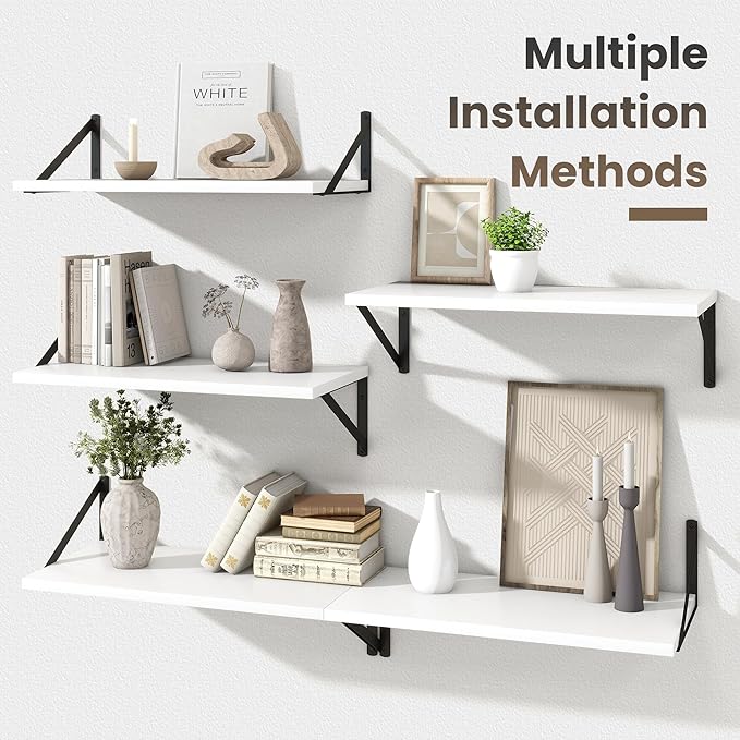 Marsmiles White Floating Shelves for Wall - 24 Inch Wide x 12 Inch Deep Wall Shelves Set of 2 - Wood Floating Shelves for Living Room Bedroom Bathroom