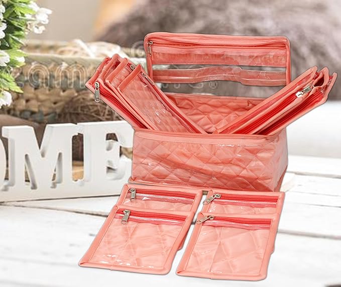 atorakushon Satin Transparent Makeup Pouches Case Cosmetic Necklace Earrings Jewellery Box Travel Organizer For Women Peach with 10 Pouch