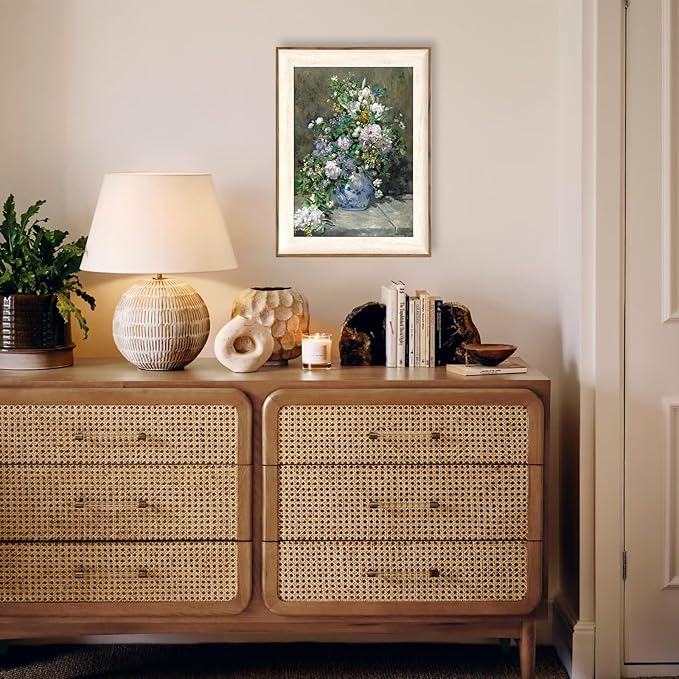 ASTRDECOR Framed Canvas Prints Art Vintage Decor for Living Room, Wildflowers Prints Botanical Wall Art Home Decor, Aesthetic Classical Floral Paintings, Bouquet in Blue White Porcelain Vase 12"x16"