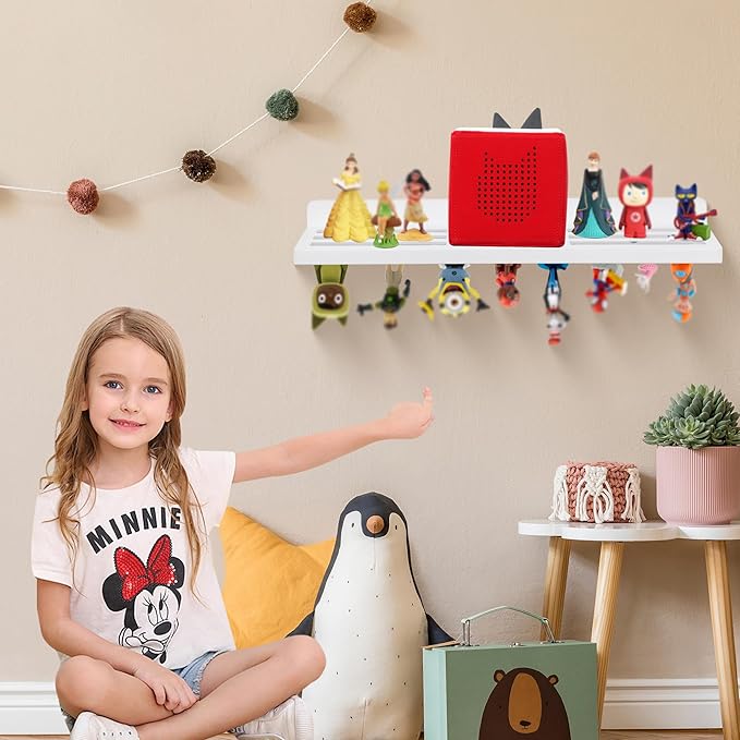 For Tonies Figures Shelf Magnetic,for Tonie Box Wall Shelves,for Tonies Characters Organizer Audio Toy Storage (Holds 36 Figurines),Compatible Charging Station for Children Kid's Room,Oak Wood,White