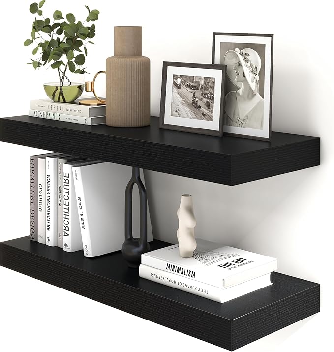 FLYJOE 30 Inch Floating Shelves | 12 Inch Deep Black Floating Shelves Set of 2 | 30" W x 12" D Rustic Wood Shelves for Wall | Deep Black Shelves for Living Room Bathroom Laundry Room Kitchen