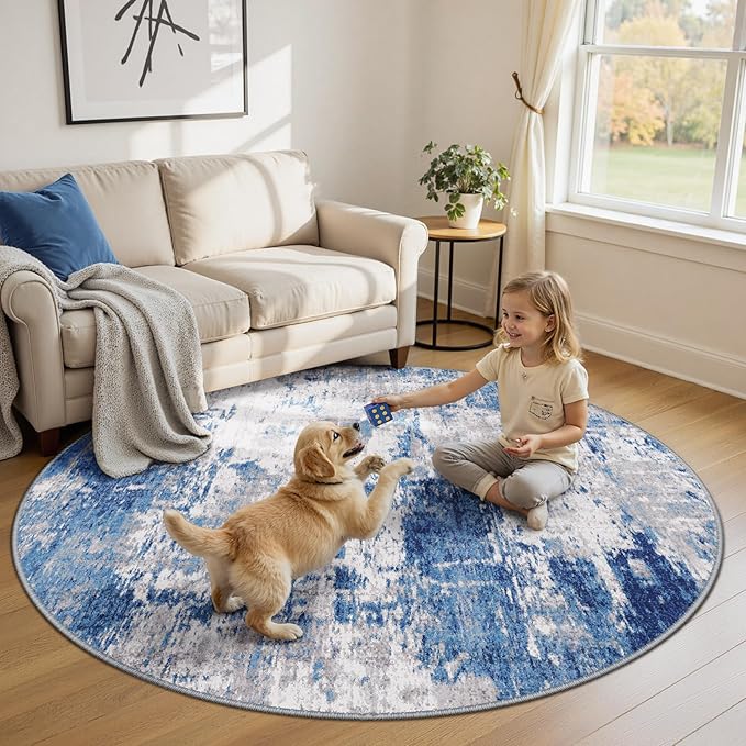 RELEANY Washable Area Rugs 6ft Non-Slip Modern Abstract Soft for Living Room Entryway Bedroom Nursery, Print Pattern, Blue Grey Navy Gray