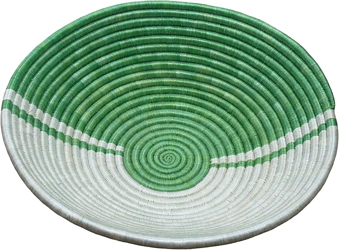 Handwoven African Sisal Basket Bowl Handmade Woven Fruit Bowl, Decorative Wall Basket for Home Décor, Living Room Centerpiece Gifts Zen Design Arts and Crafts (Green Off White, 8in diameter)