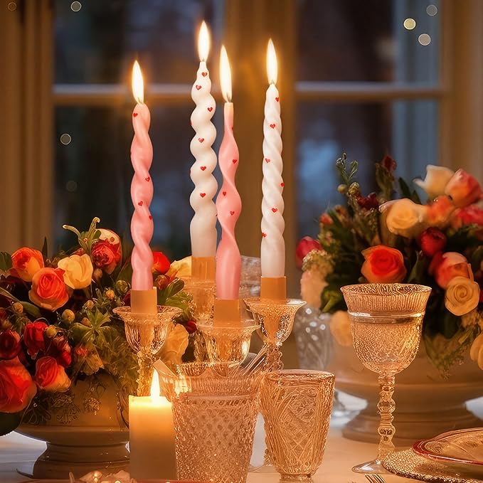 Nuanchu 4 Pcs Twisted Taper Candles Wax Unscented Smokeless Spiral Swirl Candlesticks for Wedding Holiday Dinner Party Home Decorations(7.87 Inch,Heart,Pink White)