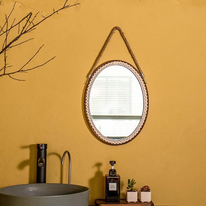 OKSQW 16 Inch Oval Wall Mirror Lace Frame Art Decorative Rustic Farmhouse Wooden Mirror Hanging Mirror with Rope for Entryway Bedroom Living Room Bathroom