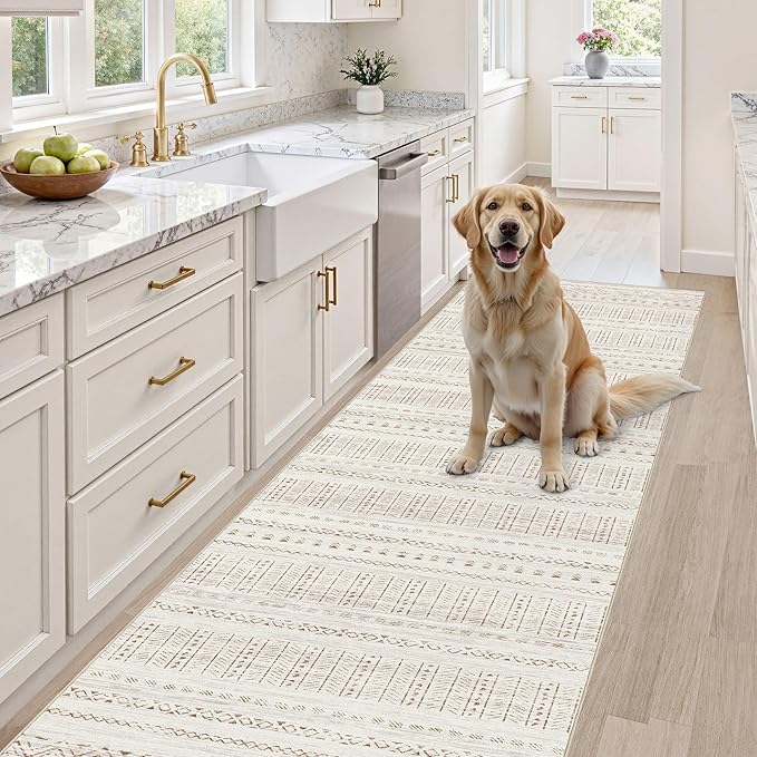 cotiled Hallway 2.6x10 Runner Rugs: Washable Boho Rugs with Non Slip Backing Large Soft Indoor Stain Resistant Carpet for Living Room Bedroom Farmhouse Dining Room Lightweight Home Decor Brown/Cream