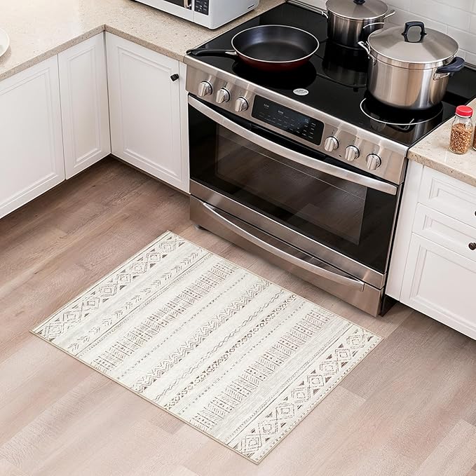 cotiled Washable 2x3 Entryway Rug: Washable Boho Rugs with Non Slip Backing Small Soft Indoor Stain Resistant Carpet for Kitchen Front Lightweight Home Decor L Brown/Cream