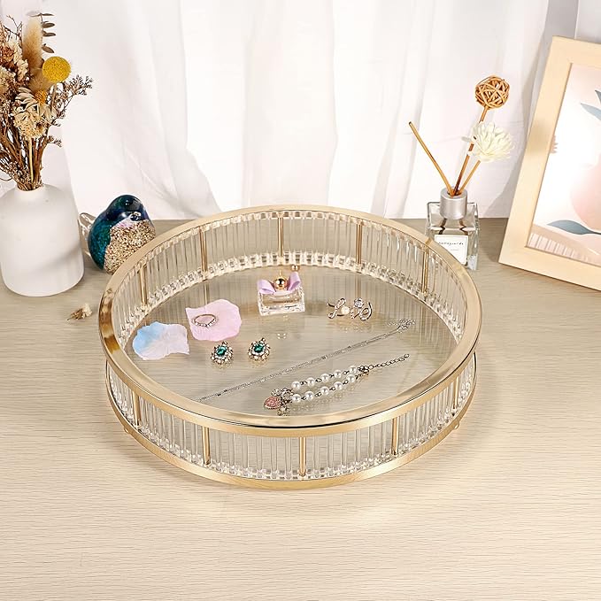 Hipiwe Gold Metal Perfume Tray - 12" Round Vanity Makeup Tray Jewelry Trinket Organizer Tray Coffee Table Decorative Tray Dresser Bathroom Tray with Acrylic Column Decor and Clear Glass Base