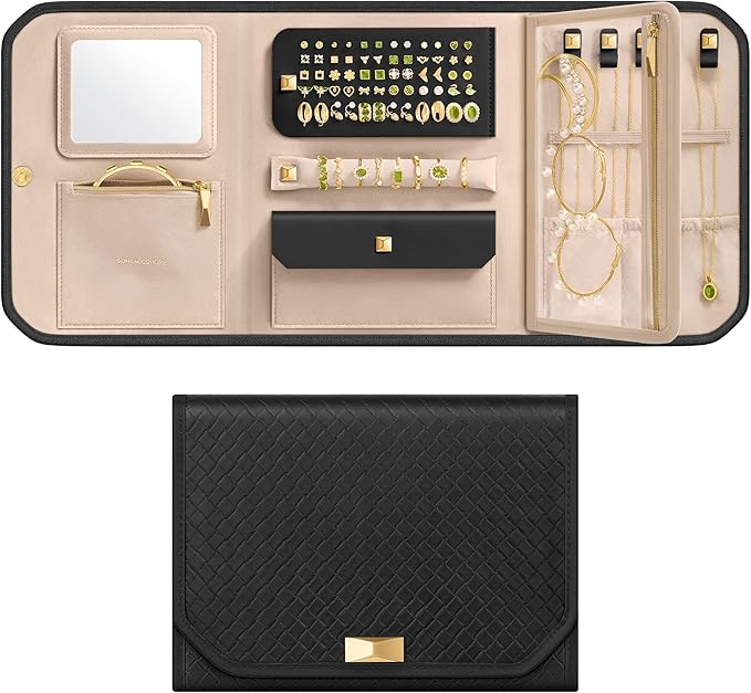 SONGMICS HOME Travel Jewelry Case, Foldable Jewelry Organizer with Mirror, Sectioned Storage, Large Capacity, Woven Embossed PU Leather, Gift Idea, Ink Black UJBC196B01