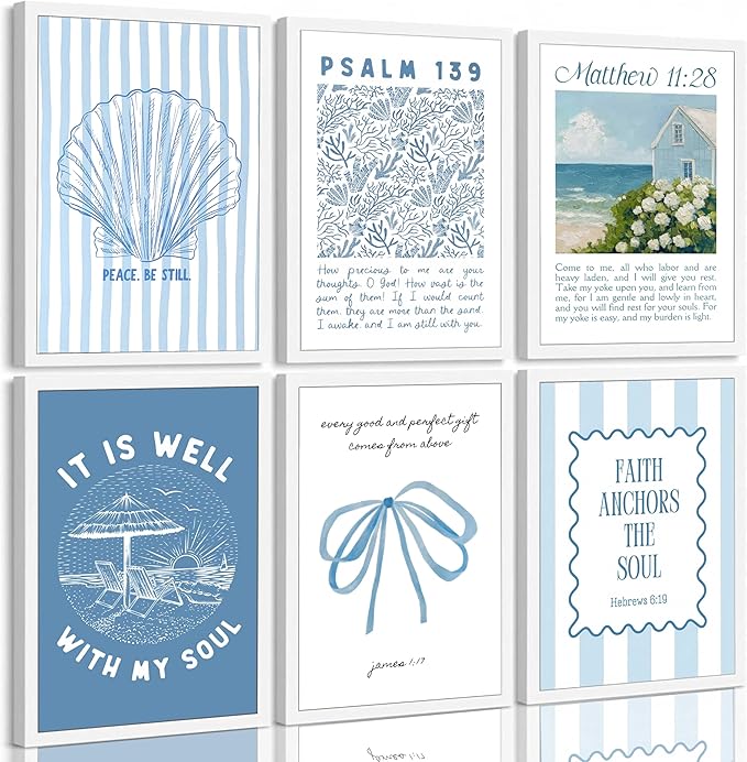 KXIAHTTEN 6pcs Blue Coastal Christian Canvas Wall Art Bible Verses Paintings Pictures Wall Decor Preppy Religion Aesthetics Poster Printing Artwork for Teen Girl Room Dorm Apartment Unframed