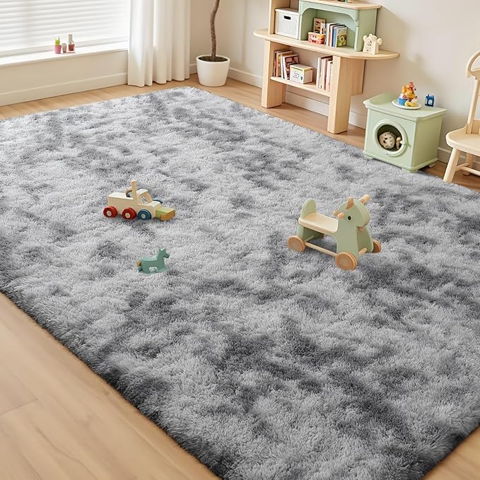 Modern Fluffy Shaggy Rug 5x7 Feet, Tie-Dyed Soft Plush Non-Slip Area Carpet for Bedroom Living Room Dorm Nursery, Light Grey Accent Floor Rug