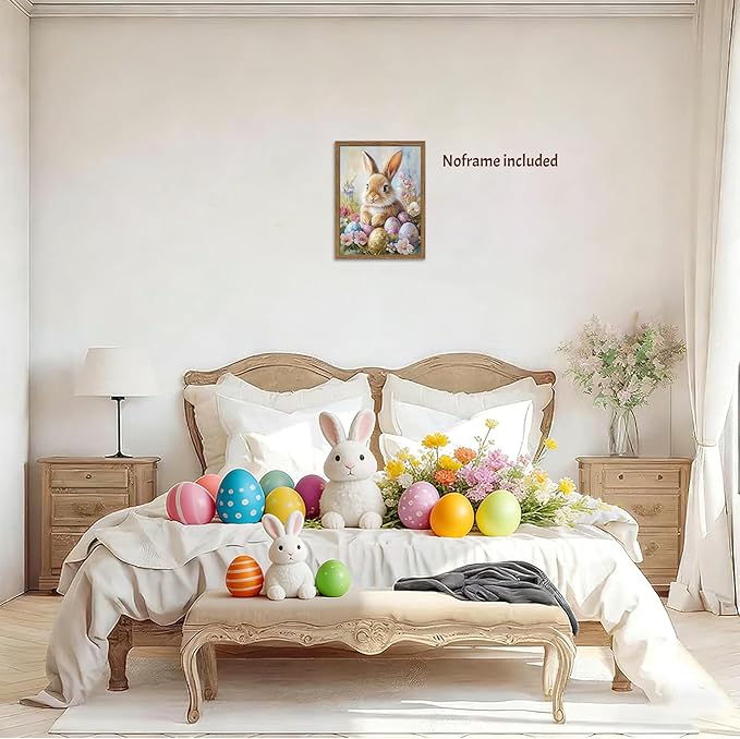 Easter Bunny Wall Art Poster, Cute Bunny with Eggs Picture Prints, Vintage Cottage Holiday Theme Canvas Artwork, Modern Farmhouse Wall Decor for Kids Room Bedroom Living Room 12x16in Unframed