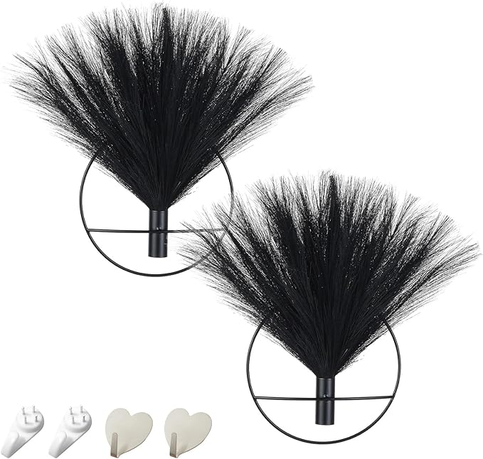 Jolly Boho Wall Art, Metal Wall-Mounted Display, Artificial Pampas Hanging Decor - 2 Pack, Black - Living Room, Bedroom, Bathroom, Dining Room