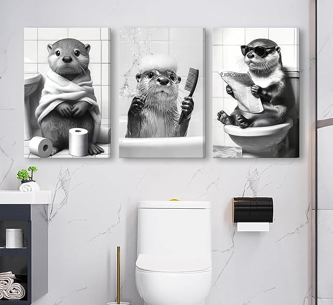 3Pcs Framed Cute Otter Canvas Wall Art Black And White Animal Poster Print Funny otter bathing and reading newspaper Picture Painting Wall Decor for Bathroom Restroom Home Decoration