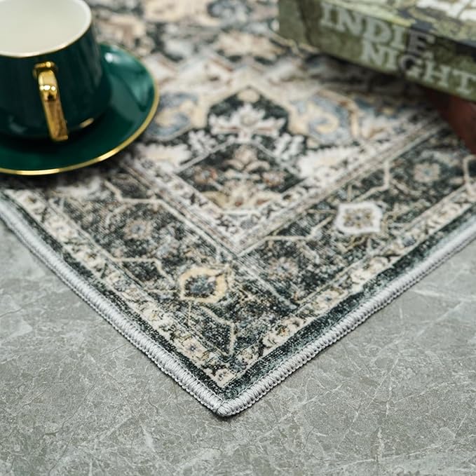 Washable Oriental Area Rug - 2x3 Rugs for Living Room Soft Carpet for Bedroom Waterproof Floral Distressed Indoor Stain Resistant Non-Shedding Floor Carpets (Black/Grey, 2x3)