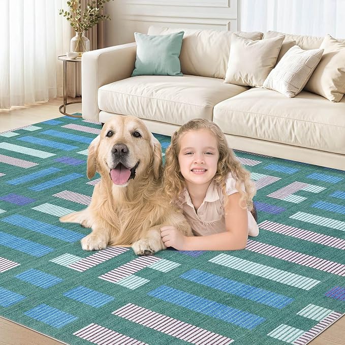 cotiled 10x14 Area Rug Living Room: Washable Boho Rugs with Non Slip Backing Large Soft Indoor Stain Resistant Carpet for Bedroom Farmhouse Dining Room Lightweight Home Decor Green