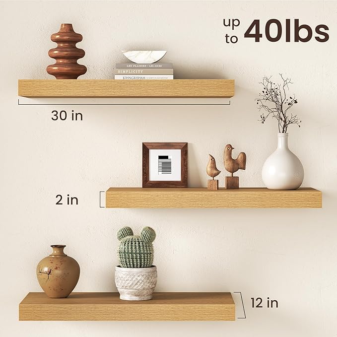 30Inch Oak Floating Shelves for Wall, 12 Inch Deep Shelves for Bedroom, Kitchen, Bathroom Wall Mounted, Rustic Wood Floating Shelf with Invisible Brackets for Books, Storage, Decor, 2 Packs