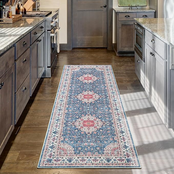 Goideal Washable Runner Rug 2x6, Vintage Rugs Non Slip, Indoor Low Pile Carpet with Rubber Backing for Kitchen Bathroom Entryway Office Bedroom,Blue & Hot Pink