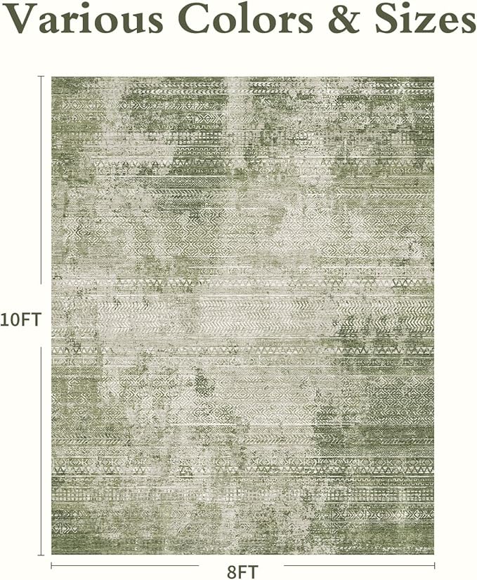 8x10 Area Rugs for Living Room Non Slip Machine Washable Rug Distressed Abstract Soft Indoor Carpet Neutral Boho Rug for Bedroom Dining Room Playroom Office, Green
