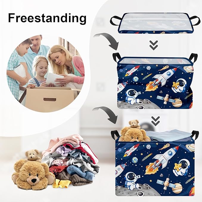 Space Rockets Laundry Hamper Cartoon Astronaut Large Storage Basket Planet Collapsible Parents Organizer Boys Clothes Toy Bins for Bedroom, Bathroom, Blue, 36L