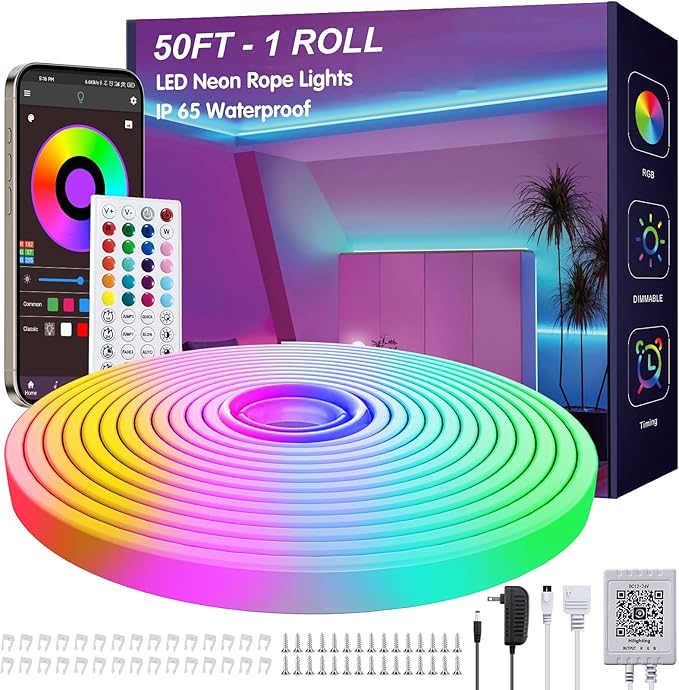 Ledagic 50ft LED Neon Rope Lights with App and Remote Control, IP65 Waterproof Neon Strip Lights for Outdoor Indoor, DIY Design Flexible Led Rope Lights for Bedroom, Living, Gaming, Party Decor