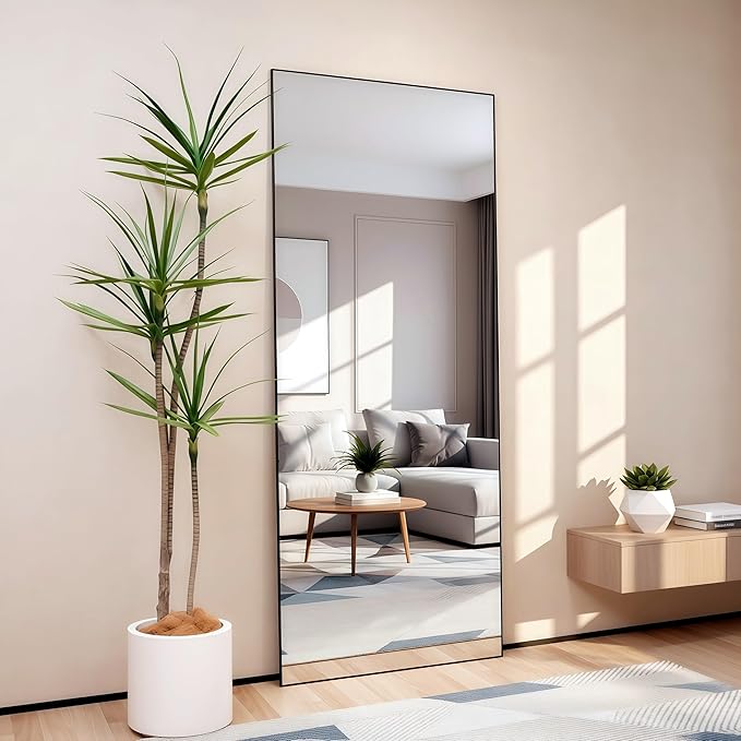 Full Length Mirror 56"x21" Black Rectangle Floor Mirror with Stand, Aluminum Alloy Frame Tempered Glass Full Body Mirror, Wall Mountable Standing for Bedroom Bathroom Living Room Entryway