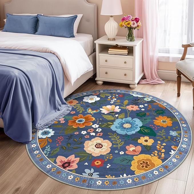 RELEANY Floral Nursery 6ft Area Rugs Washable Print Boho Cute Carpet Non Slip Flower Low Pile for Living Room Kids Girls Playroom Bedroom Kitchen Office Farmhouse-Blue/Grey