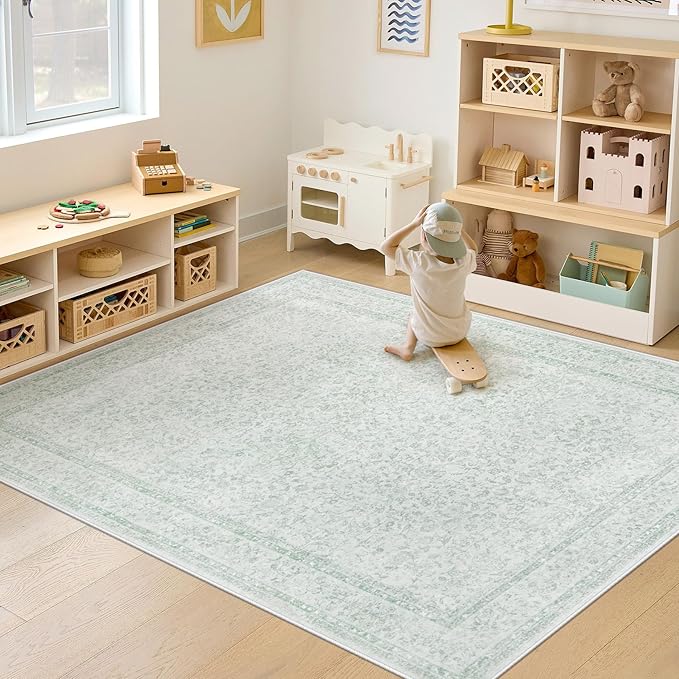 6x9 Area Rugs for Living Room: Washable Vintage Floral Rug Low Pile Non-Slip Boho Carpet for Nursery Bedroom Dining Room (Green, 6'x9')
