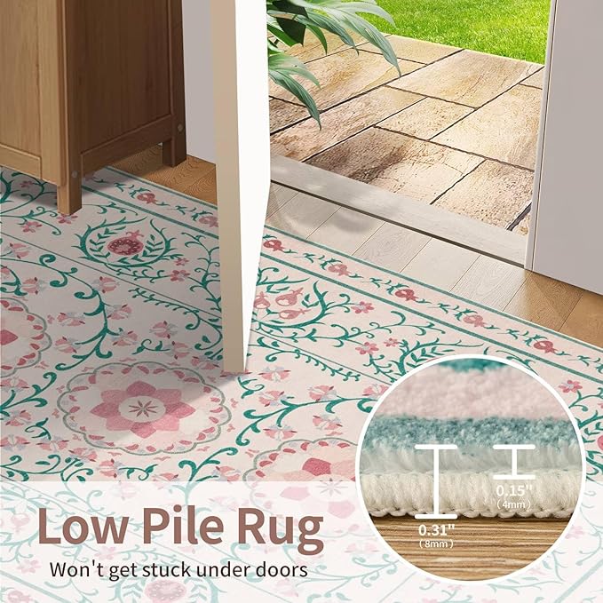 Rugxara Pink Door Mat Floral Entryway Rug, Washable Samll 2x3 Rugs, Boho Front Door Mat, Non Slip Low Pile Throw Carpet for Indoor Entrance,Bathroom,Girls Room and Kitchen(Pink/Green 2x3ft)