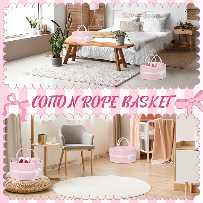 Yinkin 1 Pcs Extra Large Cotton Rope Storage Basket with Handles and Removable Divider Woven Gift Baskets with Bow for Closet Bedroom Nursery Toys Organizing, 14.17 x 8.66 x 7.09 Inch(Pink and White)