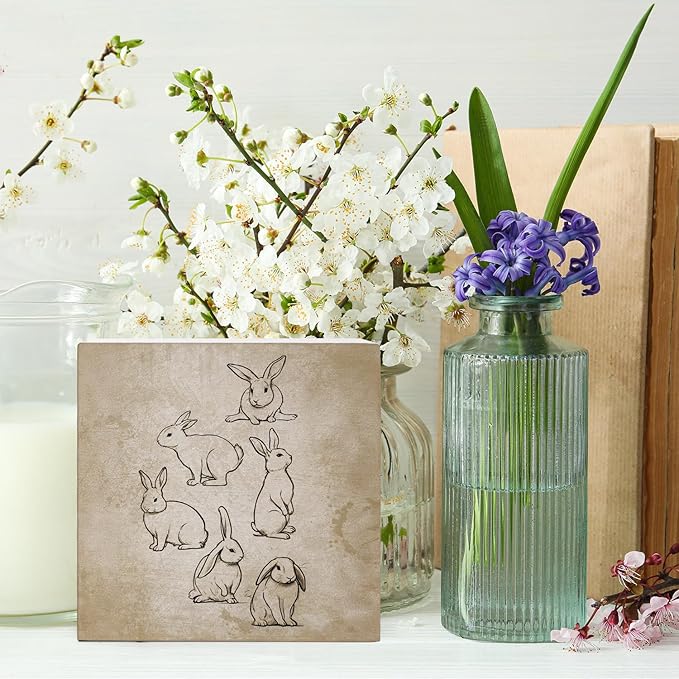 Vintage Easter Decor, Rabbit Wooden Box Sign, Rustic Easter Tiered Tray Decorations, Farmhouse Bunny Rabbit Decorative Table Centerpiece Sign for Party Home Kitchen Dining Decor 5x5