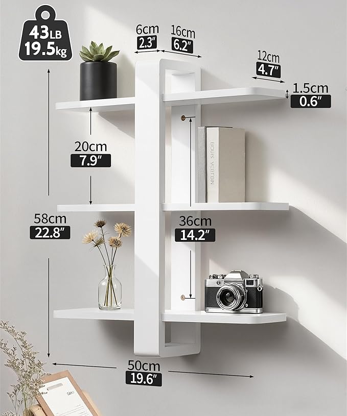 SUMGAR White Floating Shelves for Wall Mounted Shelving Unit All Pine Wood 3 Tier Large Shelf for Bedroom Living Room Office Bathroom Home Decoration Storage Plant Photo Display Modern 20in