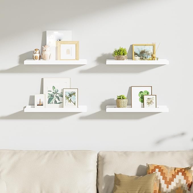 Love-KANKEI White Floating Shelves for Wall Set of 4, Wood Wall Shelves with Lip,15.6 Inch Rustic Hanging Shelves for Bedroom Bathroom Living Room Kitchen Nursery Display