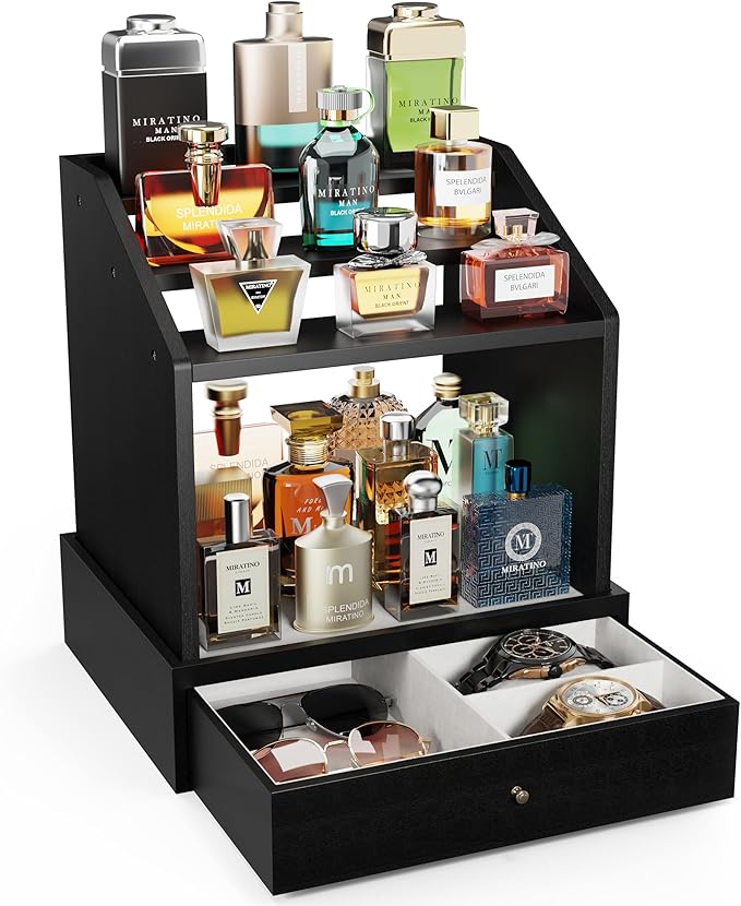 Miratino Cologne Organizer for Men, Large-Capacit Perfume Organizer for Men with 2-in-1 Design, 3-tier Cologne Stand, Wood Perfume Holders, Cologne Storage Display with Spacious Velvet-Lined Drawers