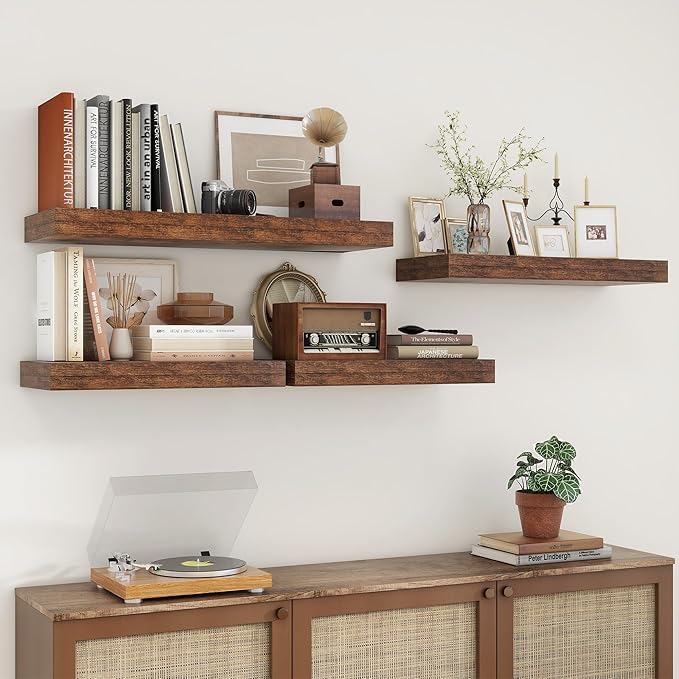 FLYJOE 30 Inch Floating Shelves | 12 Inch Deep Brown Floating Shelves Set of 2 | 30" W x 12" D Rustic Wood Shelves for Wall | Deep Brown Shelves for Living Room Bathroom Laundry Room Kitchen